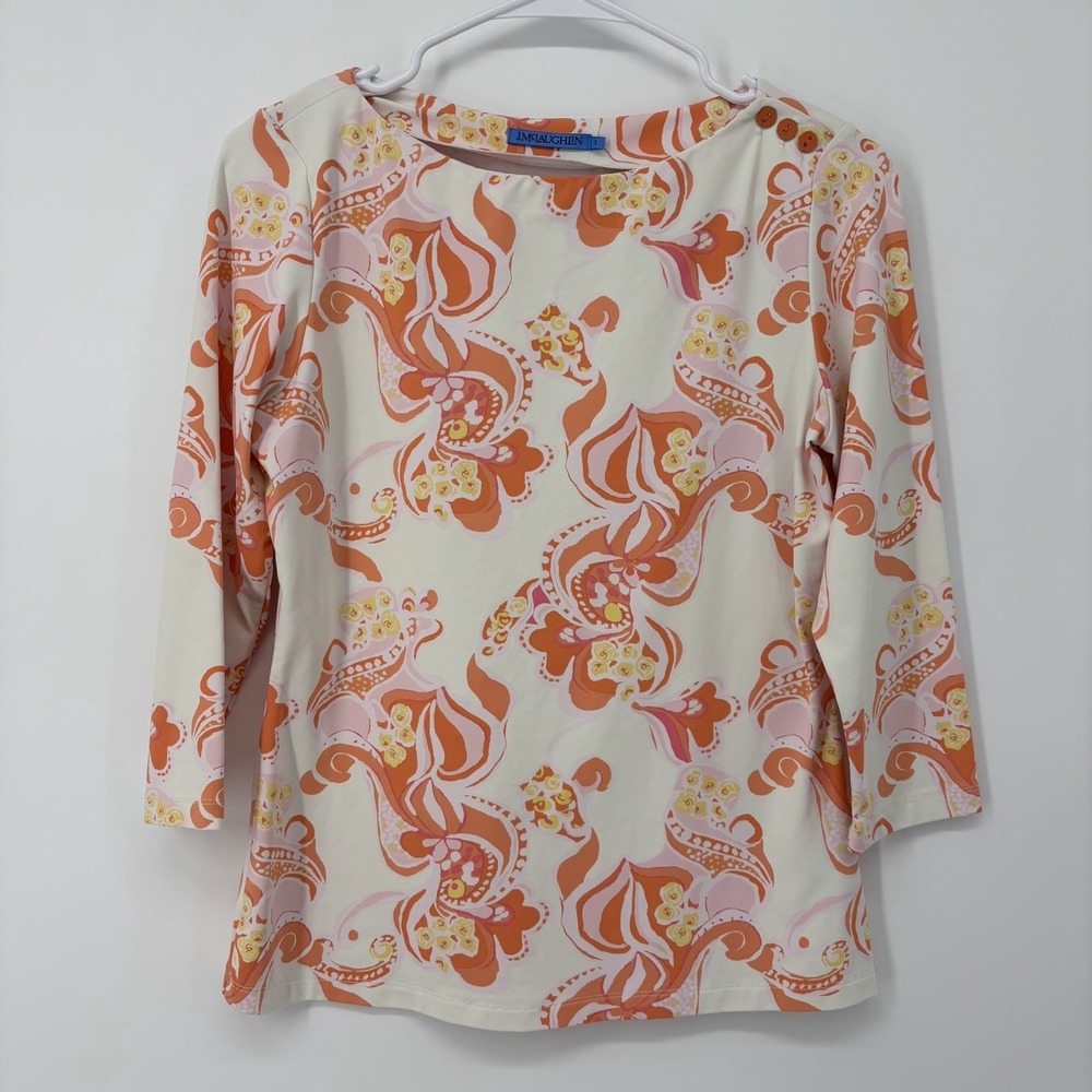 J.Mclaughlin Women Coral Wave Song‎ Top Size Small Small Orange White 3/4 Sleeve